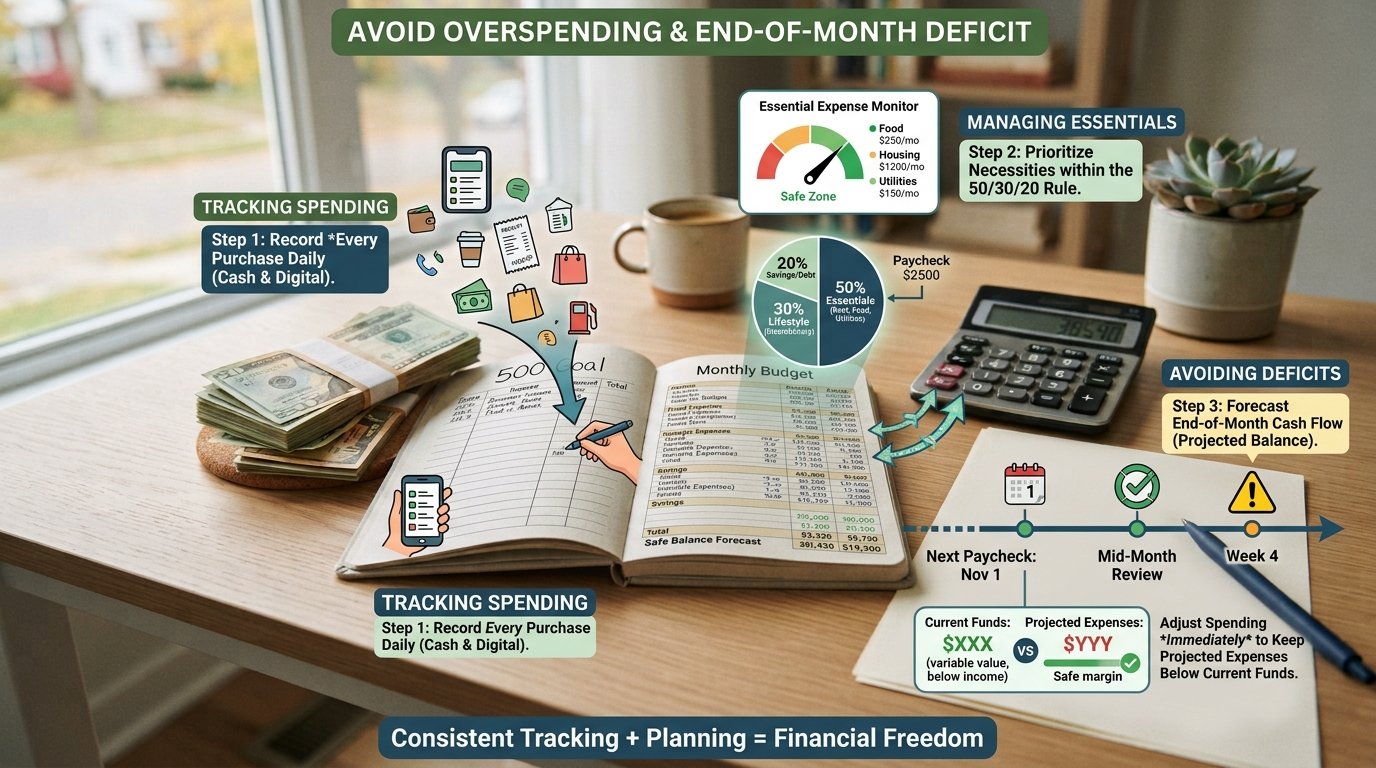 Person reviewing a budget and bank balance to make money last until payday.