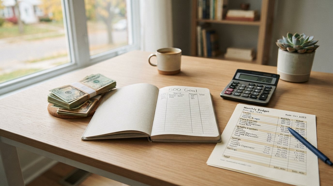 Person organizing dollar bills and a savings plan to save $500 in 30 days.
